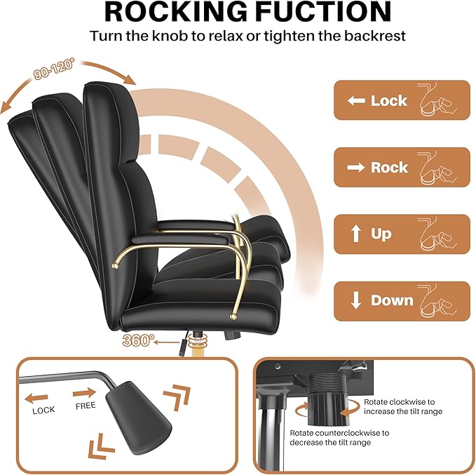 Black and Gold Office Chair, High Back Office Chair for Women, Modern Desk Chair Comfy with Arms, Leather Executive Office Chair with Wheels - LeafyLoom