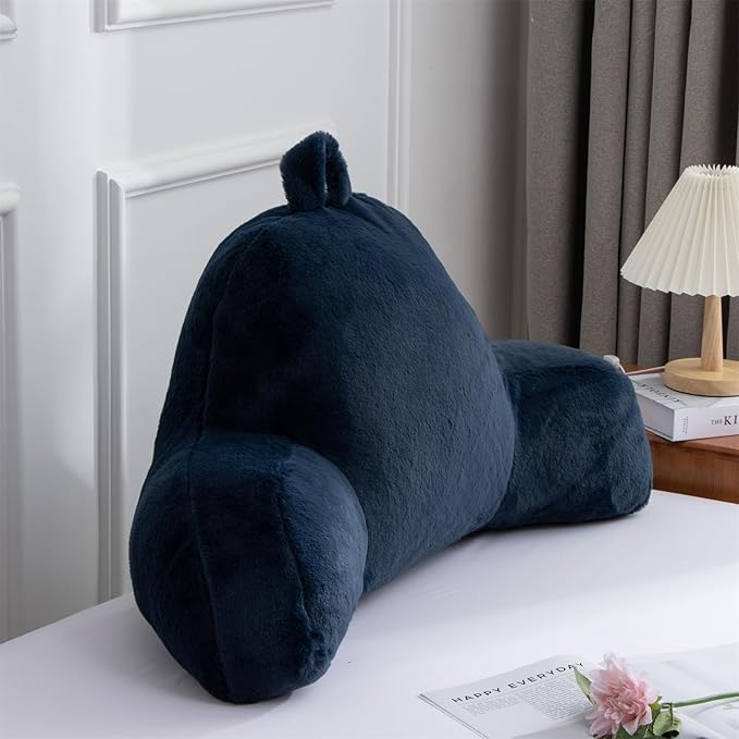 A Nice Night Faux Fur Reading Pillow Bed Wedge Large Adult Children Backrest with Arms Back Support for Sitting Up in Bed/Couch for Bedrest,Navy - LeafyLoom