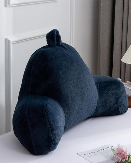 A Nice Night Faux Fur Soft Reading Pillow Bed Wedge Adult Backrest with Arms Back Support for Sitting Up in Bed/Couch for Bedrest,Navy,Large - LeafyLoom