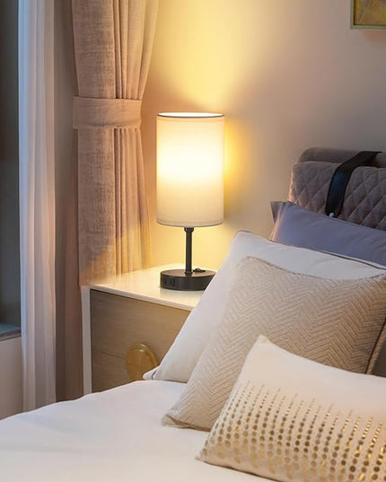 GGOYING Bedside Table Lamp,3-Color Temperature Table Lamp with 2700K/3500K/5000K LED Bulb and AC Outlet, Small Lamp with Round White Fabric Shade for Bedroom - LeafyLoom