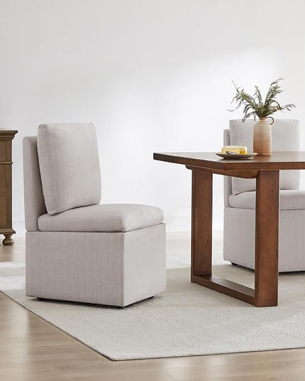 Upholstered Dining Chair with Casters Armless Modern Rolling Design for Diningroom Bedroom Livingroom Reading Room, Set of 2, Linen - LeafyLoom