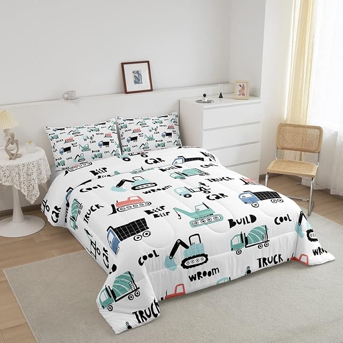 Feelyou Cartoon Tractor Ultra Soft Bedding Set Cars Kawaii Comforter Set for Kids Boys Toddler Vehicle Truck Comforter Equipment Transport Cute Quilt Set Bedroom Collection 2Pcs Twin Size - LeafyLoom