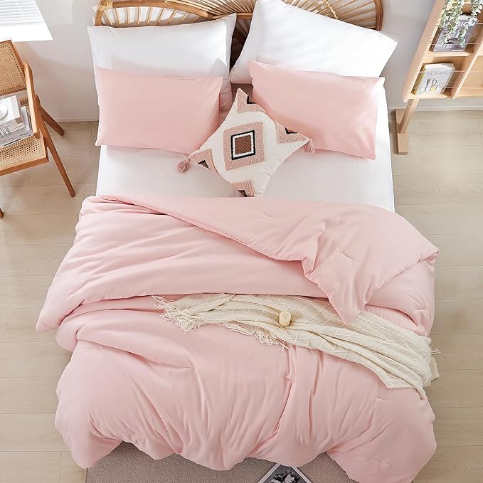 Blush Pink Comforter Set Twin Boho Pink Twin Comforter with 1 Pillowcases - Soft Lightweight Cozy Bedding Set for All Season - Beige Comforter Twin Size for Women Teens Kids - LeafyLoom