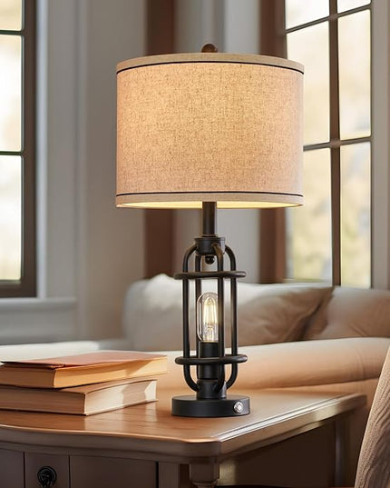 Industrial Black Metal Table Lamps Living Room 23.75'' Lamp for Nightstand Single Bedside End Lamp Home Decor Touch Lamp Modern Lamps with USB Ports - LeafyLoom