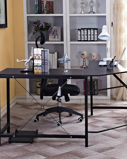 DlandHome L-Shaped Computer Desk 59 inches x 59 inches, Composite Wood and Metal, Home Office PC Laptop Study Workstation Corner Table with CPU Stand, Brown Black and Black Legs, ZJ02-BB - LeafyLoom