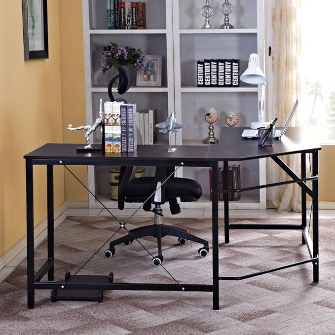 DlandHome L-Shaped Computer Desk 59 inches x 59 inches, Composite Wood and Metal, Home Office PC Laptop Study Workstation Corner Table with CPU Stand, Brown Black and Black Legs, ZJ02-BB - LeafyLoom