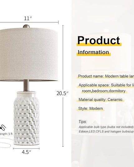 20.5" Modern Ceramic White Bedside Lamp Single Table Lamp for Bedroom Decor Farmhouse Table Lamp for Living Room Office Dorm - LeafyLoom