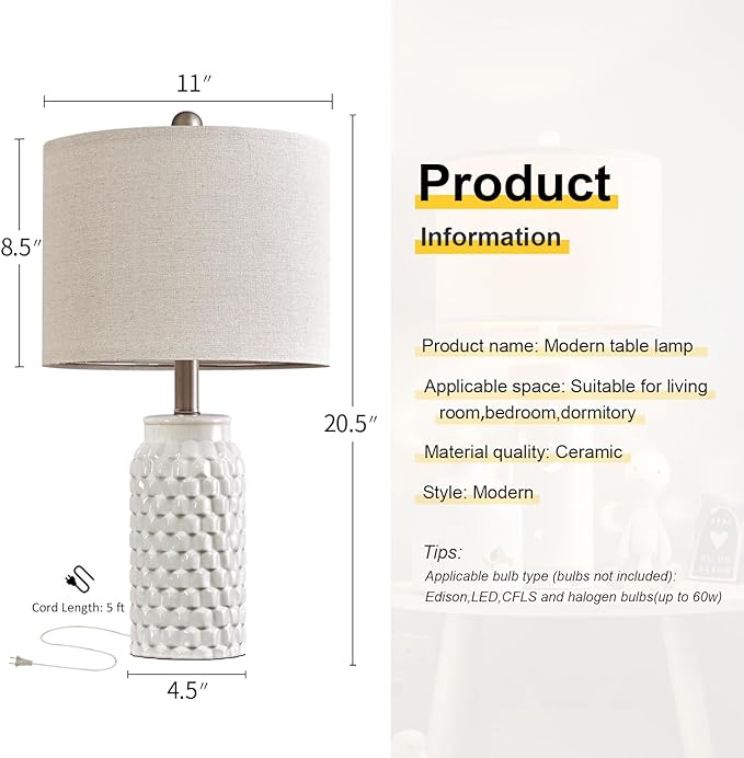 20.5" Modern Ceramic White Bedside Lamp Single Table Lamp for Bedroom Decor Farmhouse Table Lamp for Living Room Office Dorm - LeafyLoom