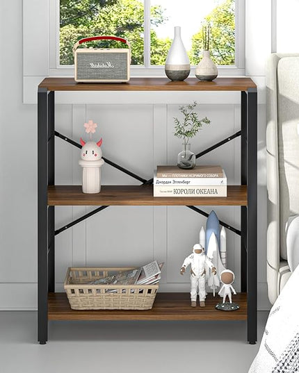 FOLUBAN Small Bookshelf, 3 Tier Rustic Book Shelf with Storage, Industrial Low Short Bookcases for Office, Bedroom and Living Room, Rustic Walnut - LeafyLoom