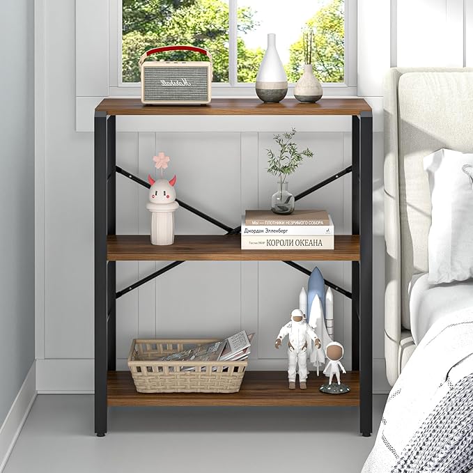 FOLUBAN Small Bookshelf, 3 Tier Rustic Book Shelf with Storage, Industrial Low Short Bookcases for Office, Bedroom and Living Room, Rustic Walnut - LeafyLoom