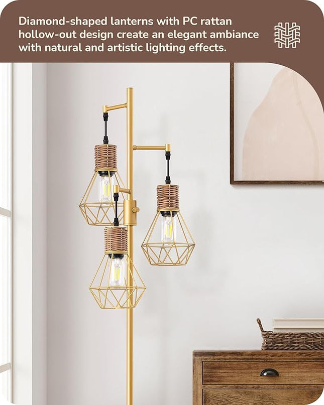 EDISHINE Dimmable Industrial Floor Lamp, Farmhouse Standing Lamp for Living Room with 3 LED Edison Bulbs, Diamond-Shaped Cage, Corner Rustic Rattan Reading Lamps for Bedroom, Office, Gold - LeafyLoom