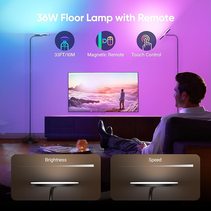 RGB Floor Lamp, 36W Bright LED Standing Lamp, Stepless Dimming Color Changing Torchiere Floor Lamps with Remote, 350°Rotating Modern Tall Floor Lamp for Living Room, Gaming Room - LeafyLoom