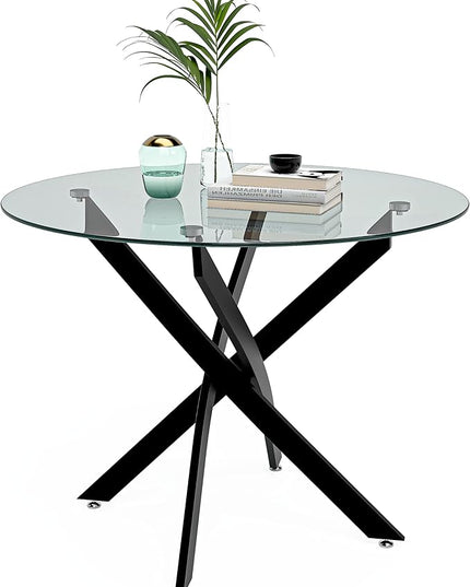 Round Tempered Glass Dining Table for 2-4 with Metal Legs, 35.5 in Modern Small Kitchen Table for Kitchen Dining Room (Black) - LeafyLoom