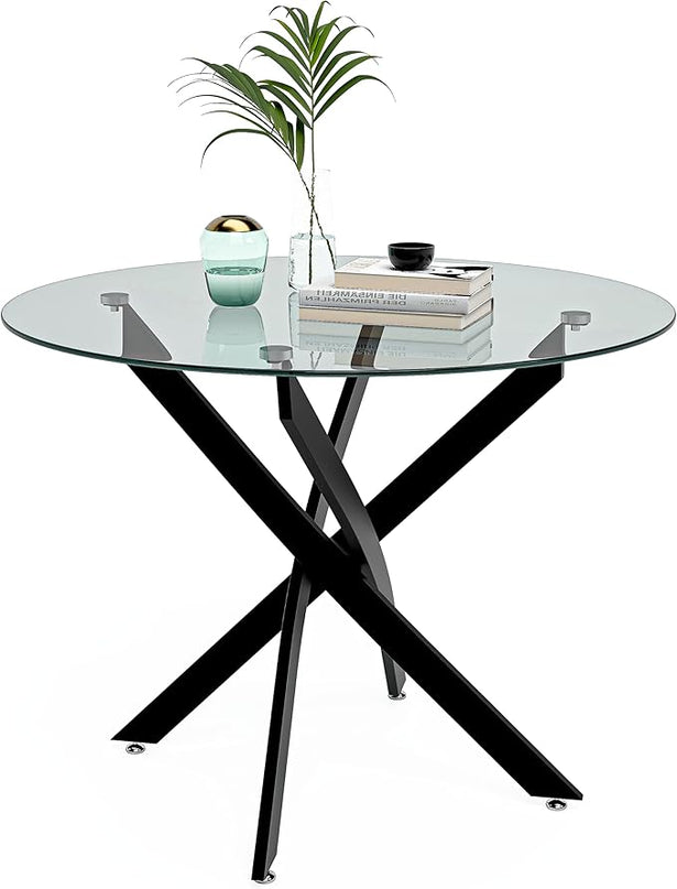 Round Tempered Glass Dining Table for 2-4 with Metal Legs, 35.5 in Modern Small Kitchen Table for Kitchen Dining Room (Black) - LeafyLoom