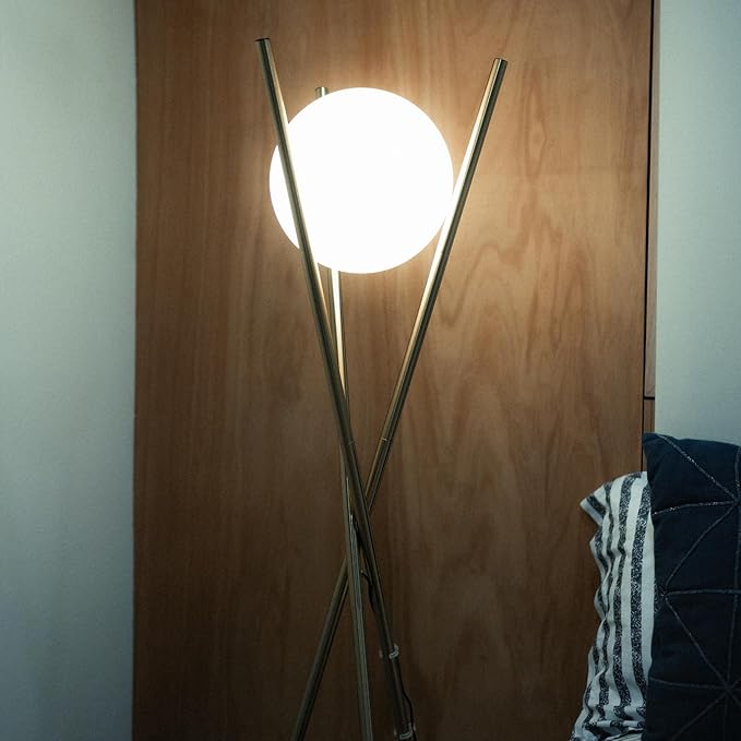 Solstice Glass Globe Floor Lamp - Mid Century Modern Standing Lamp for Living Room, Contemporary Design Standing Dimmable Lamp, Tall Lamp for Bedroom, Living Room, Home Office, Brass Gold - LeafyLoom