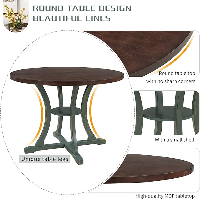 NicBex Dining Room Table Set for 4 Dining Table with Chairs 5-Piece Round Dining Table and 4 Fabric Chairs with Special-Shaped Table Legs and Storage Shelf, Antique Blue - LeafyLoom