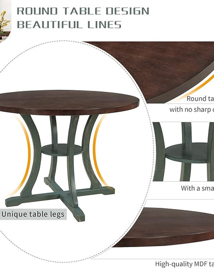 Kitchen Set 5-Piece Round Dining 4 Fabric Chairs with Special-shaped Table Legs and Storage Shelf, Antique Blue+Dark Brown - LeafyLoom