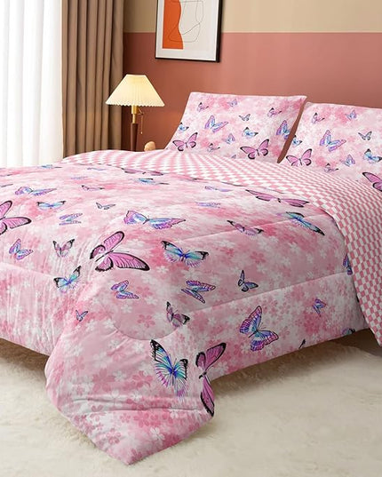 Datura home Kids Comforter Set Girls Pink Flower Butterfly Printed Pattern Quilt Bedding with 1 and 2 Pillowcases for Bedroom All Season(Pink Full) Full 80x90inches - LeafyLoom