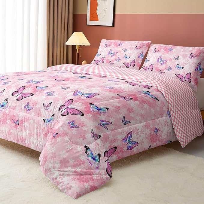Datura home Kids Comforter Set Girls Pink Flower Butterfly Printed Pattern Quilt Bedding with 1 and 2 Pillowcases for Bedroom All Season(Pink Full) Full 80x90inches - LeafyLoom