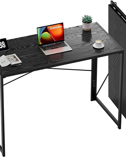 Coavas 39.4 inch Folding Desk No Assembly Required, Writing Computer Desk Space Saving Foldable Table Simple Home Office Desk, Black Wood - LeafyLoom