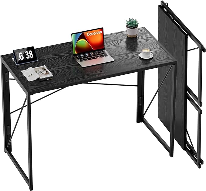 Coavas 39.4 inch Folding Desk No Assembly Required, Writing Computer Desk Space Saving Foldable Table Simple Home Office Desk, Black Wood - LeafyLoom