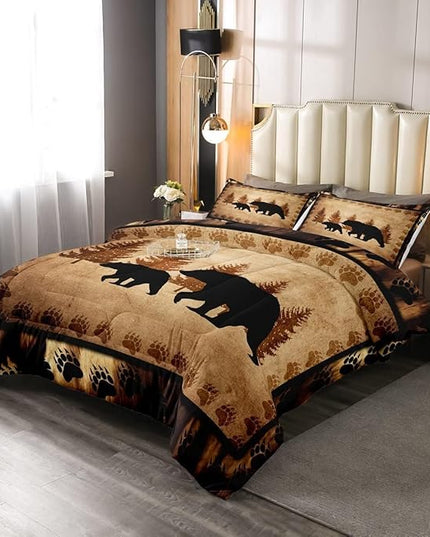 Bear Comforter Set King Size Farmhouse Wild Animal Comforter Retro Bear Family Bedding Set for Kids Boys Girls Brown Bear Paws Duvet Set Rustic Bedroom Decor Quilted Set 3Pcs - LeafyLoom