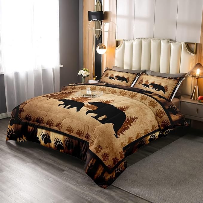 Bear Comforter Set King Size Farmhouse Wild Animal Comforter Retro Bear Family Bedding Set for Kids Boys Girls Brown Bear Paws Duvet Set Rustic Bedroom Decor Quilted Set 3Pcs - LeafyLoom