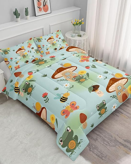 Datura home Cartoon Mushroom House Kids Comforter Bedding Set for Boys Girls, Green Grassland and Cute Frog Bee Print Comforter with 2 Pillowcases(Mushroom House Queen), Mushroom Frog - LeafyLoom