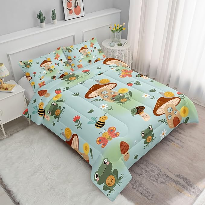 Datura home Cartoon Mushroom House Kids Comforter Bedding Set for Boys Girls, Green Grassland and Cute Frog Bee Print Comforter with 2 Pillowcases(Mushroom House Queen), Mushroom Frog - LeafyLoom