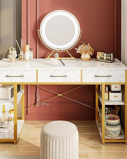 ODK Vanity Desk with Fabric Drawers & Storage Shelves, Makeup Dressing Table, Home Office Desks for Bedroom, Modern Writing Desk,White Marble and Gold Leg, 48"x16" (No Mirror) - LeafyLoom