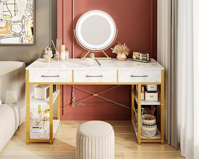 ODK Vanity Desk with Fabric Drawers & Storage Shelves, Makeup Dressing Table, Home Office Desks for Bedroom, Modern Writing Desk,White Marble and Gold Leg, 48"x16" (No Mirror) - LeafyLoom