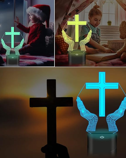 Jesus Cross 3D LED Night Light for Friends Xmas Easter Room Decor Gifts, Crucifix Optical Illusion Desk Table Lamp with Remote + 16 Color Flashing Change + Timer - LeafyLoom