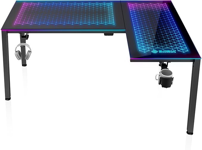 EUREKA ERGONOMIC RGB LED Lights 60 Inch L Shaped Reversible Black Glass Gaming Desk Home Office Computer Table GTG L60 - LeafyLoom
