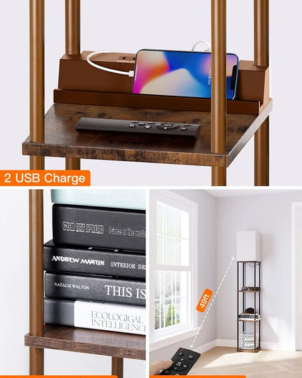 addlon Shelf Floor lamp with 2 USB Ports and Power Outlet, Remote Control Floor lamp for Living Room with 3 Color temperatures led Bulb, Display lamp for Bedroom and Office - Brown - LeafyLoom
