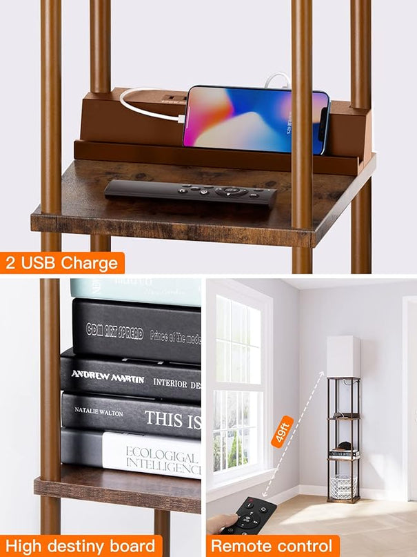 addlon Shelf Floor lamp with 2 USB Ports and Power Outlet, Remote Control Floor lamp for Living Room with 3 Color temperatures led Bulb, Display lamp for Bedroom and Office - Brown - LeafyLoom