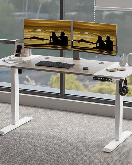 Adjustable Height Electric Standing Desk - 55 x 24 Inch Sit Stand Computer Desk, Stand Up Desk Table for Home Office, White Frame/White + Oak Top - LeafyLoom