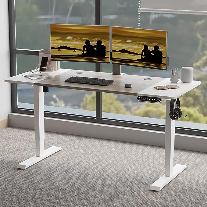 Adjustable Height Electric Standing Desk - 55 x 24 Inch Sit Stand Computer Desk, Stand Up Desk Table for Home Office, White Frame/White + Oak Top - LeafyLoom