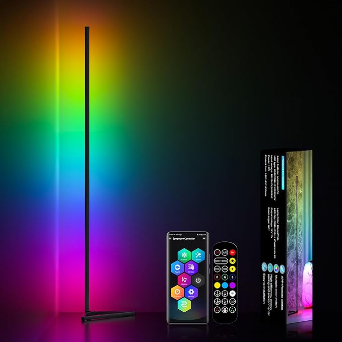 MIHEAL RGB Corner Floor Lamp, 56" Color Changing LED Corner Lamp with APP Control, Modern Standing Lamp with Music Sync and 16 Million DIY Colors, Heavy Base for Bedroom Living Room Gaming Room - LeafyLoom