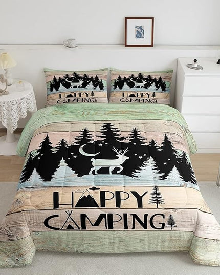 Kids Happy Camping Comforter Set King,Cute Deer Camper Bedding Set Rustic Farmhouse Woodland Animal Comforter for Boys Girls Old Barn Door Quilted Duvet Star Moon Pine Tree Decor 3 Pcs Black Green - LeafyLoom