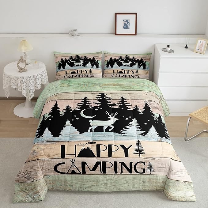 Kids Happy Camping Comforter Set King,Cute Deer Camper Bedding Set Rustic Farmhouse Woodland Animal Comforter for Boys Girls Old Barn Door Quilted Duvet Star Moon Pine Tree Decor 3 Pcs Black Green - LeafyLoom