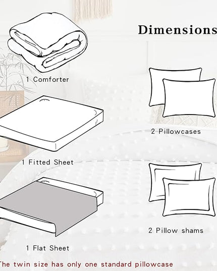 7 Pieces Tufted Dots Bed in a Bag Queen Comforter Set with Sheets White , Soft and Embroidery Shabby Chic Boho Comforters, Solid Color with Pom Pom Design, Jacquard Tufts Bedding Set for All Season - LeafyLoom