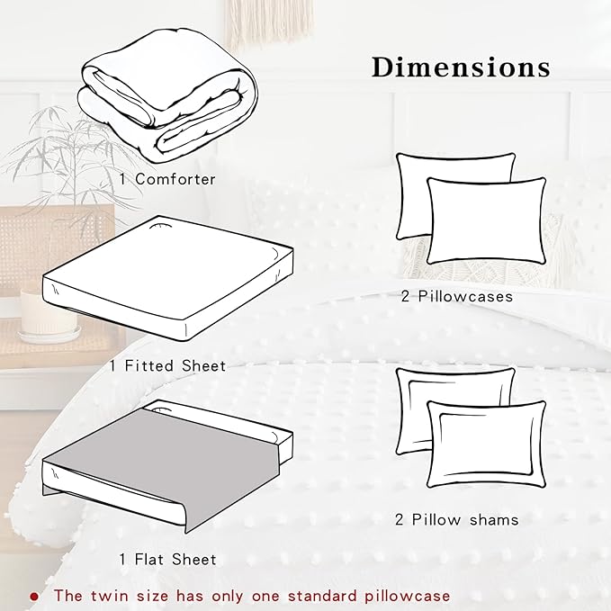 7 Pieces Tufted Dots Bed in a Bag Queen Comforter Set with Sheets White , Soft and Embroidery Shabby Chic Boho Comforters, Solid Color with Pom Pom Design, Jacquard Tufts Bedding Set for All Season - LeafyLoom