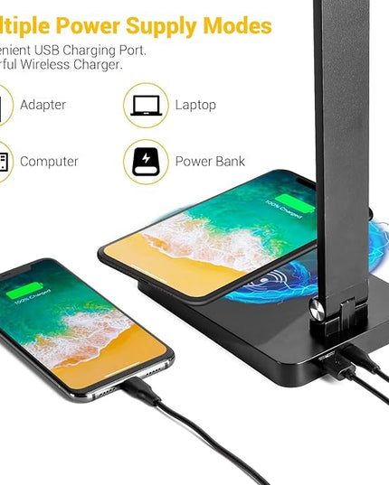 LED Desk Lamp for Home Office, 3 Levels Dimmable Desk Light with USB Charging Port, Small Study Lamp, Reading Light for Table, Deep Black, 5000K - LeafyLoom