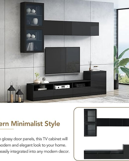 Merax High Gloss TV Stand with Wall Mounted Floating Storage Cabinets, Media Console for Television Up to 75" Versatile Entertainment Center, for Living Room, 93 inch Length, Black - LeafyLoom