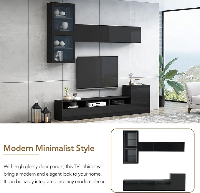 Merax High Gloss TV Stand with Wall Mounted Floating Storage Cabinets, Media Console for Television Up to 75" Versatile Entertainment Center, for Living Room, 93 inch Length, Black - LeafyLoom