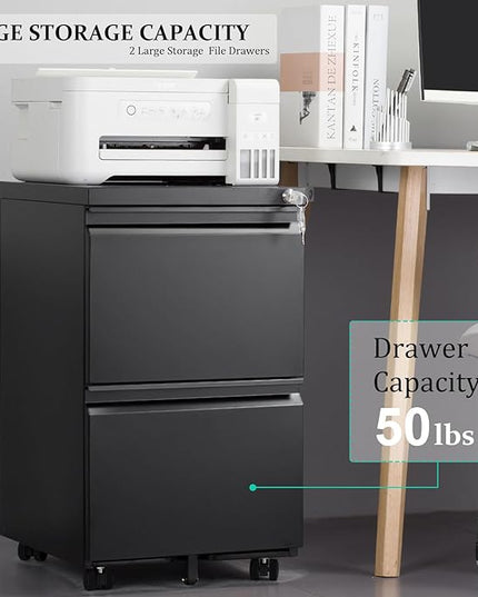 2-Drawer Mobile File Cabinets Rolling Metal Filing Cabinet for Legal & Letter File Anti-tilt Design with Lock Under Desk Office Drawers Fully Assembled Except Casters Black - LeafyLoom