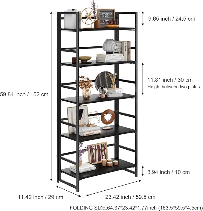 No-Assembly Folding Bookshelf Storage Shelves 5 Tiers Vintage Multifunctional Plant Flower Stand Storage Rack Shelves Bookcase for Home Office (All Black) - LeafyLoom