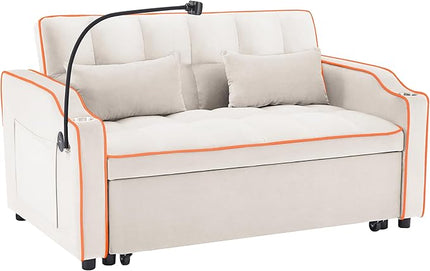 Full Size Pull 3 in 1 Convertible, Fluffy Velvet Loveseat Cama, Lounge Sleeper Sofa with Pullout Bed, Small Futon Couch for Living Room, Type C Port, 55" W（USB+phone stand, Beige - LeafyLoom