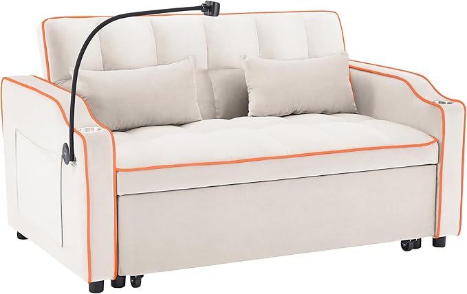 Full Size Pull 3 in 1 Convertible, Fluffy Velvet Loveseat Cama, Lounge Sleeper Sofa with Pullout Bed, Small Futon Couch for Living Room, Type C Port, 55" W（USB+phone stand, Beige - LeafyLoom