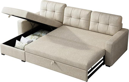 Upholstered Pull Out Sectional Sofa with Storage Chaise,Convertible Linen Corner Couch w/ 3 Movable Back Cushions,L-shaped Reversible Sleeper Sofa Bed,for Living Room Apartment,Beige - LeafyLoom